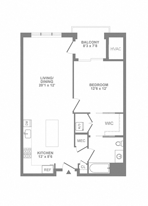 Floor plan for 1 bed, 1 bath, 813 sqft